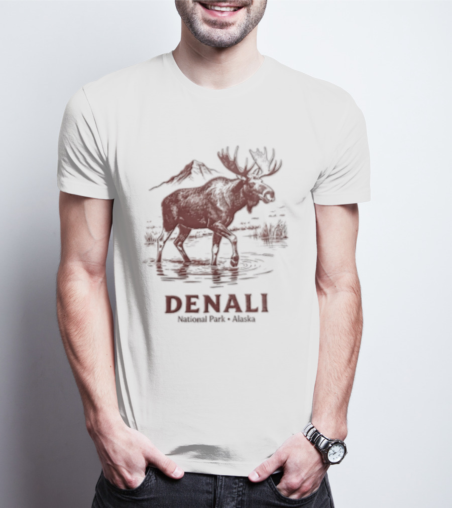 Denali Moose Walking In Water Near Mountain Scenery T-Shirt
