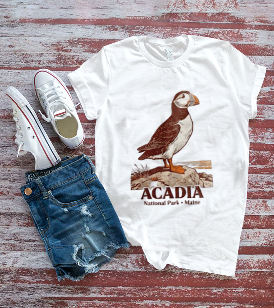 Acadia National Park Maine Puffin Standing On Rock T-Shirt