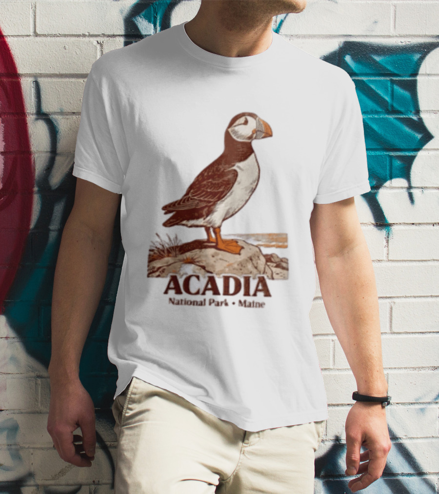 Acadia National Park Maine Puffin Standing On Rock T-Shirt