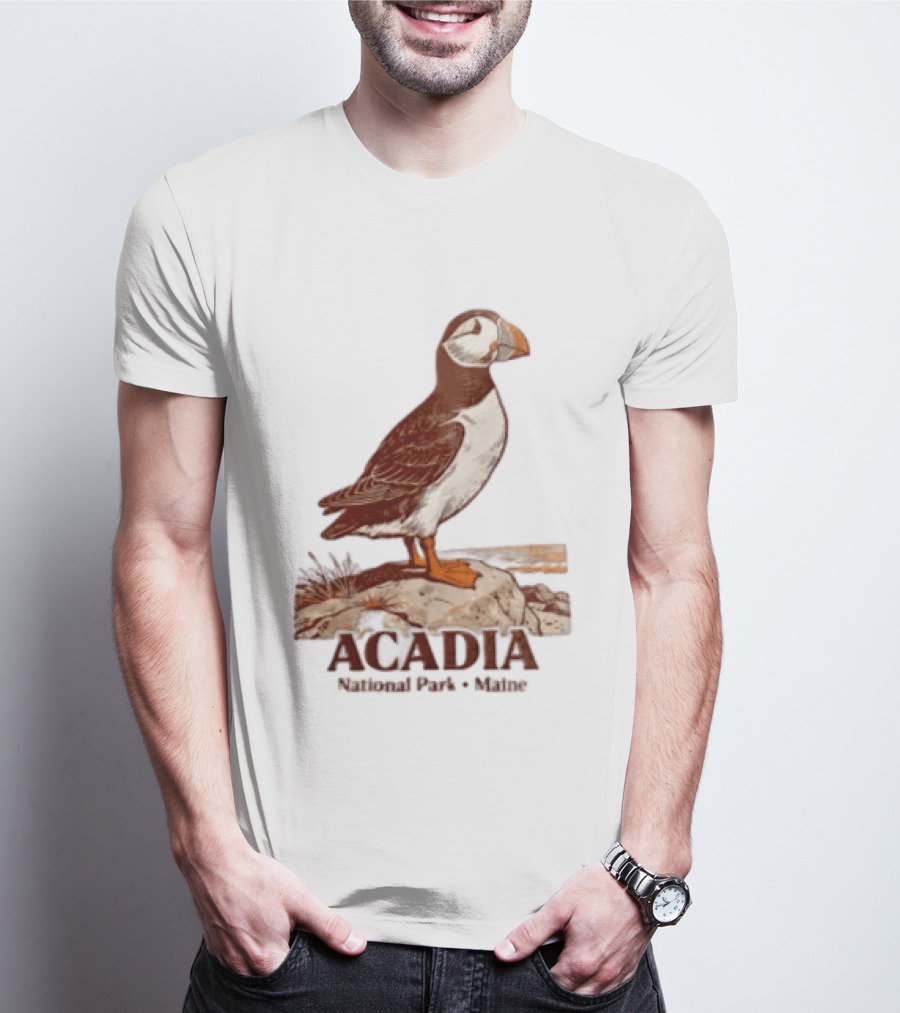 Acadia National Park Maine Puffin Standing On Rock T-Shirt