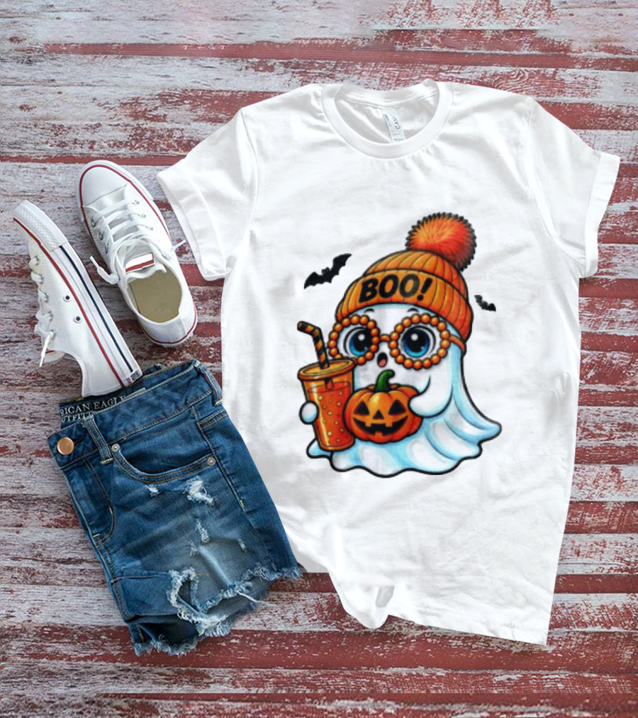 BOO Halloween Ghost With Pumpkin And Drink Spooky Fall Vibes T-Shirt