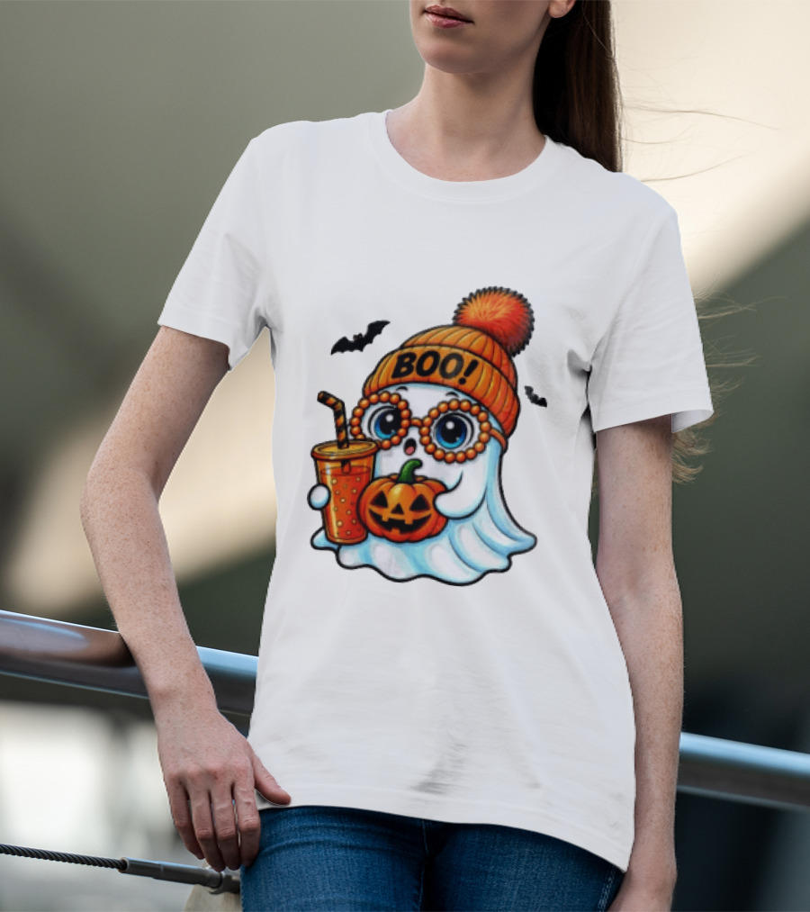 BOO Halloween Ghost With Pumpkin And Drink Spooky Fall Vibes T-Shirt
