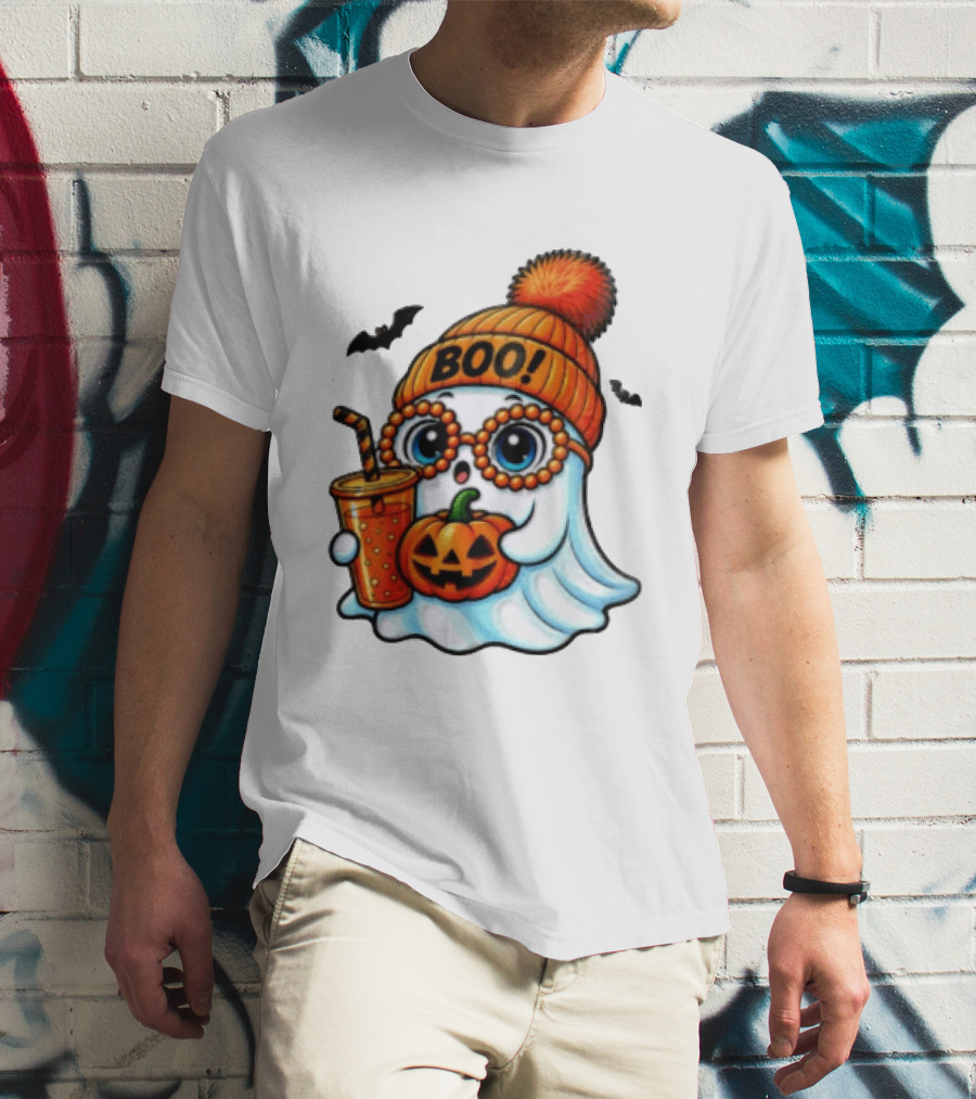 BOO Halloween Ghost With Pumpkin And Drink Spooky Fall Vibes T-Shirt