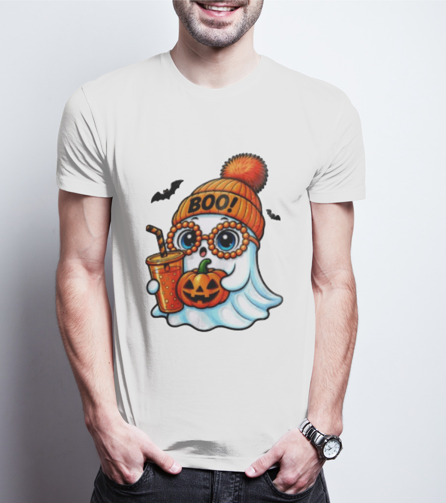 BOO Halloween Ghost With Pumpkin And Drink Spooky Fall Vibes T-Shirt