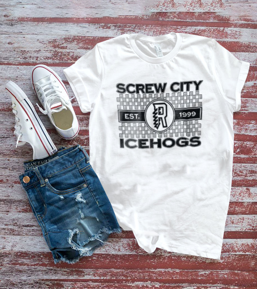 Screw City Rockford IceHogs Letter R 1999 Checkered T-Shirt