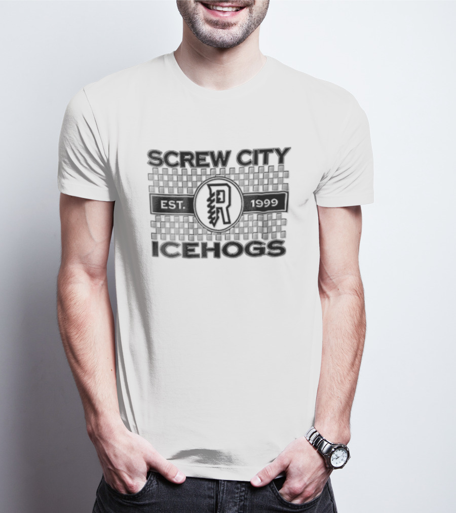Screw City Rockford IceHogs Letter R 1999 Checkered T-Shirt