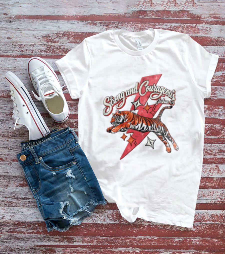 Strong And Courageous Joshua 1 9 Leaping Tiger Pink Lightning Bolt Stars T-Shirt