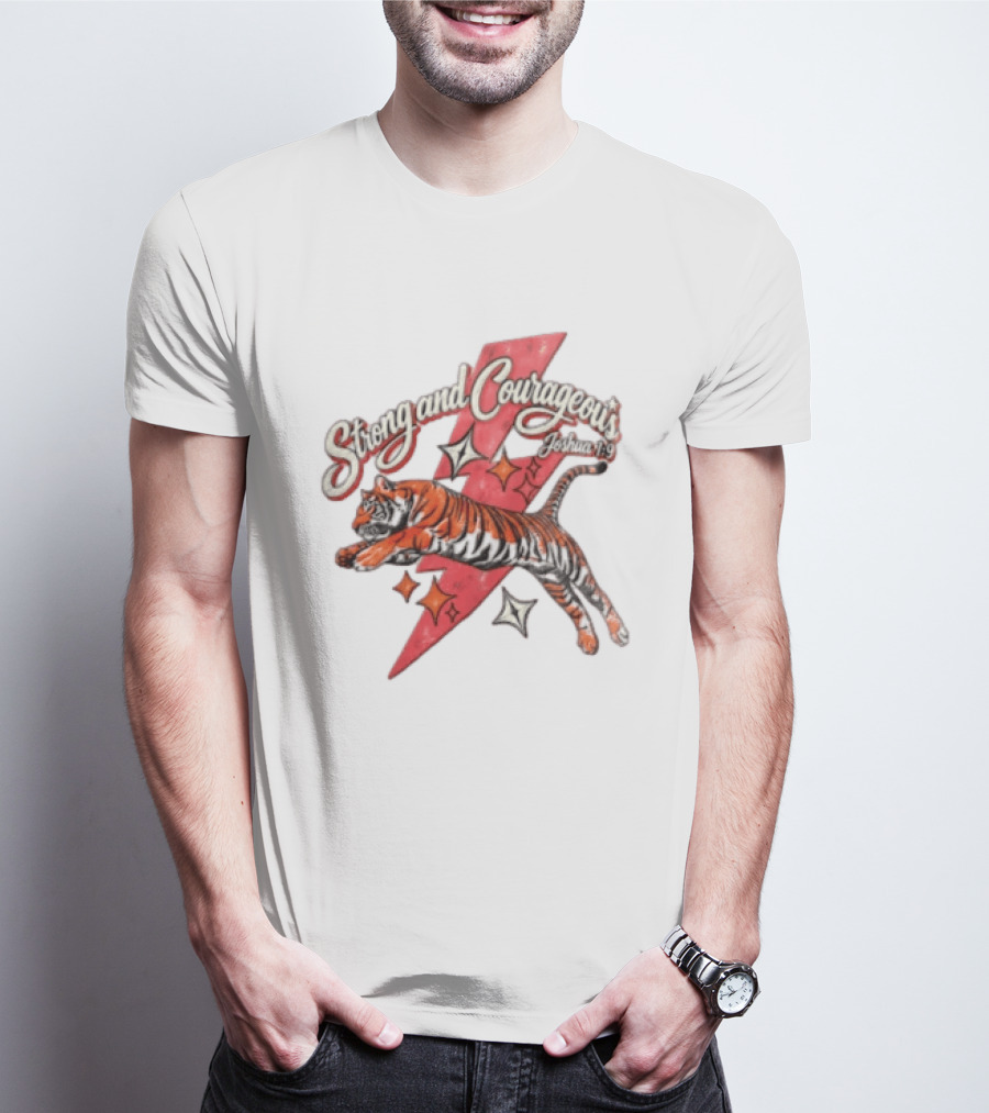 Strong And Courageous Joshua 1 9 Leaping Tiger Pink Lightning Bolt Stars T-Shirt