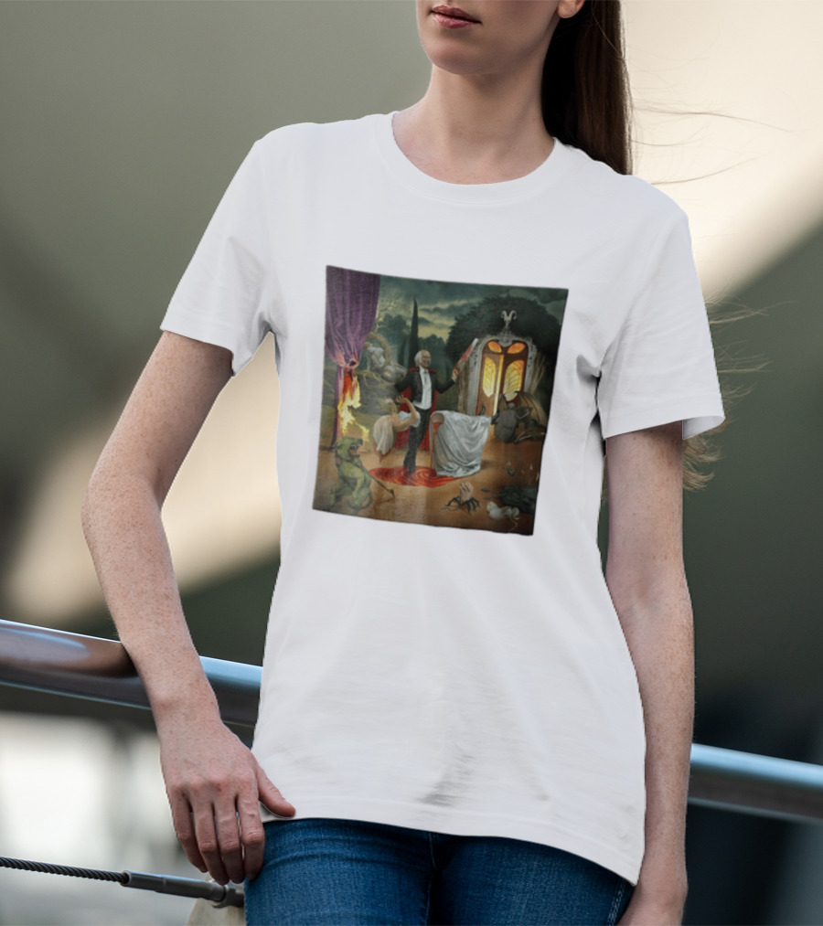 Surreal Gothic Man With Candle And Floating Figures Mysterious Enchantment T-Shirt