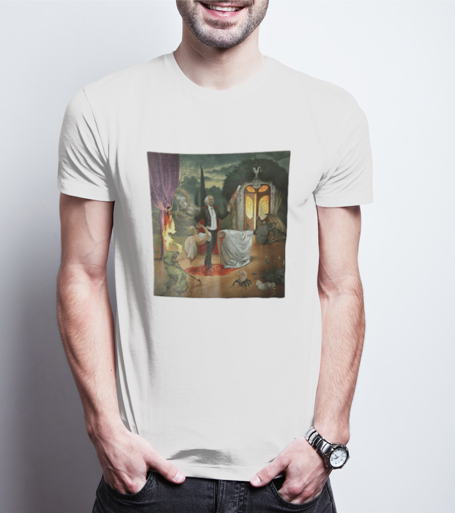 Surreal Gothic Man With Candle And Floating Figures Mysterious Enchantment T-Shirt
