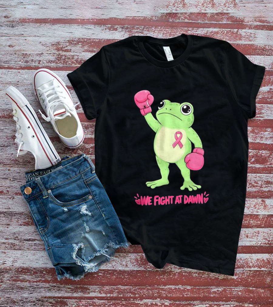 Boxing Frog We Fight At Dawn Breast Cancer Awareness Pink Gloves Ribbon T-Shirt