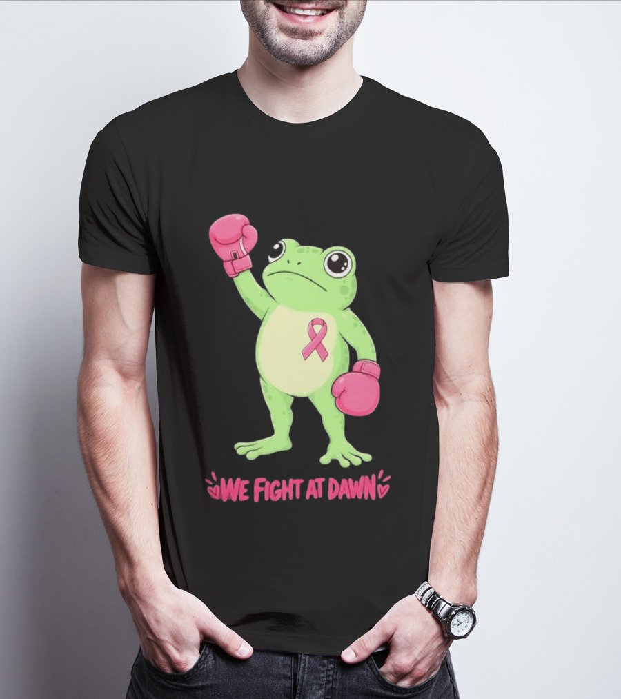 Boxing Frog We Fight At Dawn Breast Cancer Awareness Pink Gloves Ribbon T-Shirt