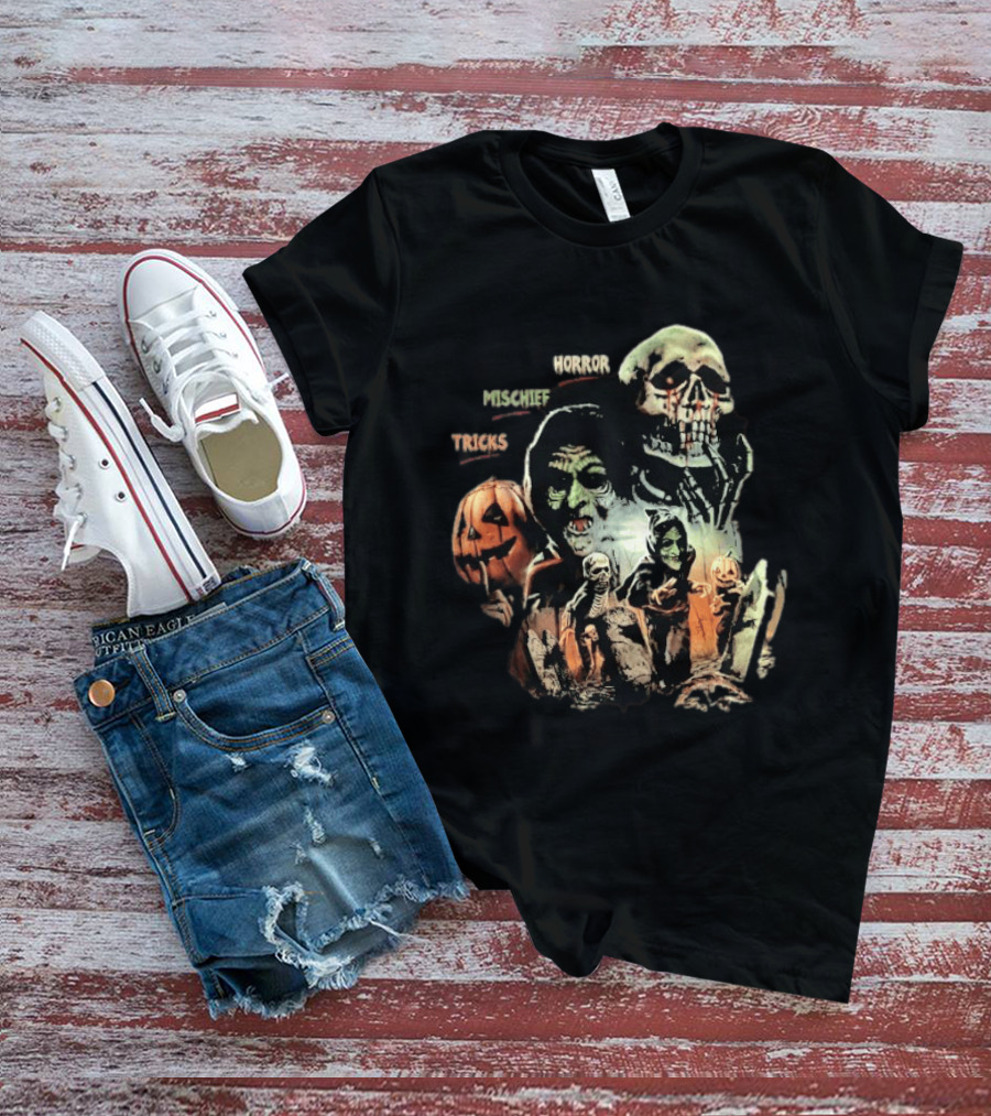 Halloween Horror Mischief Tricks Spooky Trio Skeletons And Jack O' Lanterns T-Shirt