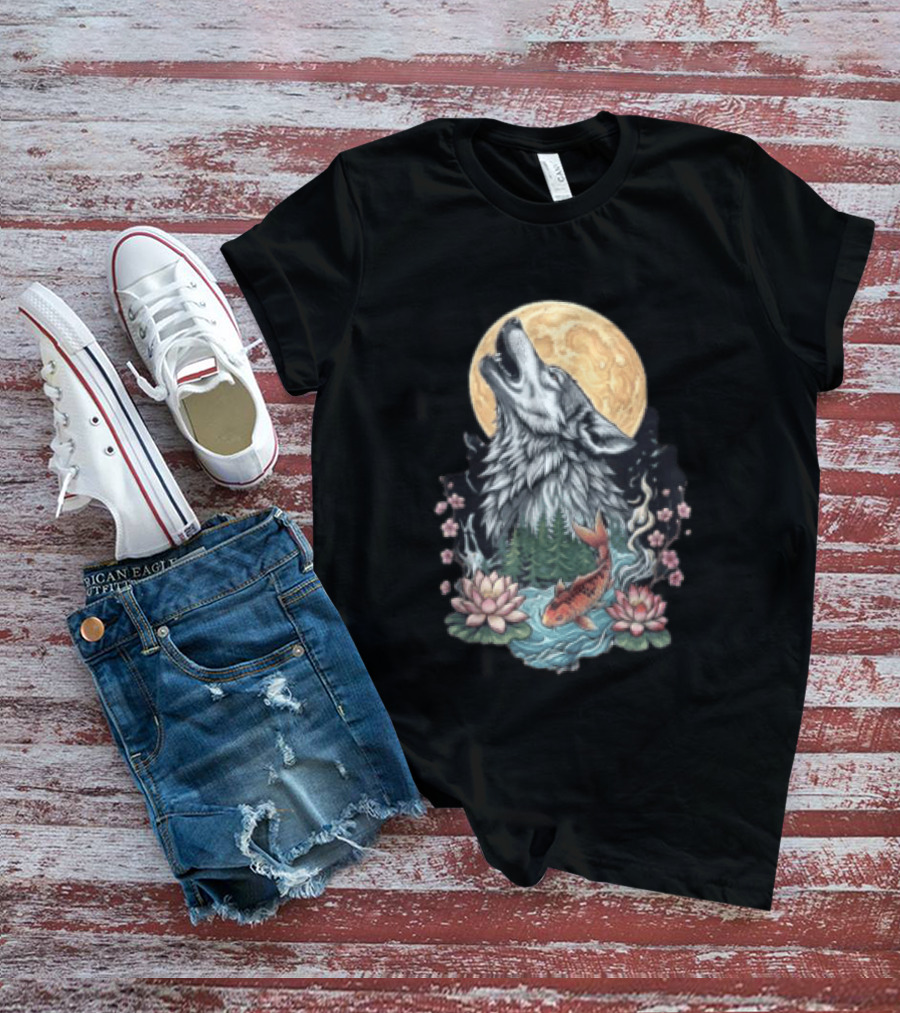 Howling Wolf Full Moon Koi Lotus Blossoms T-Shirt