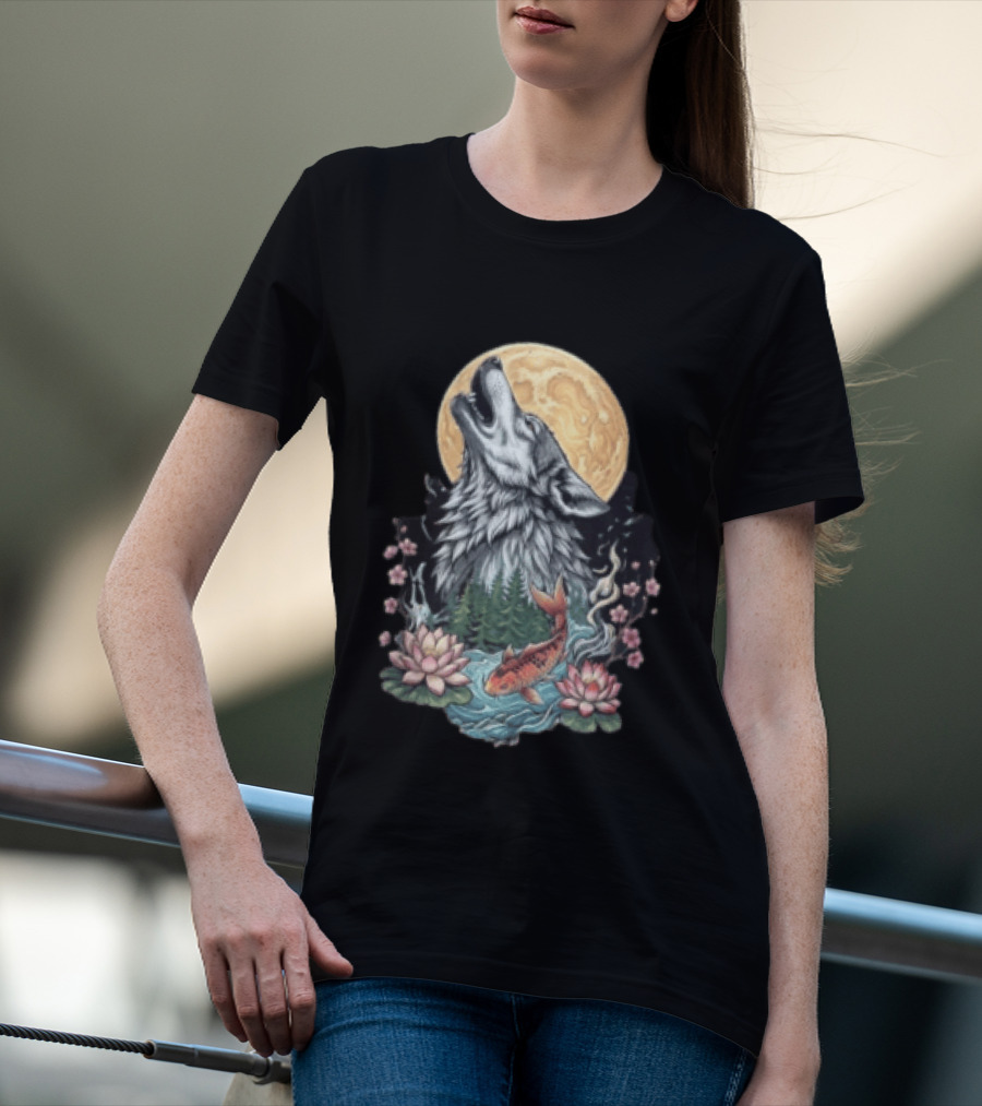 Howling Wolf Full Moon Koi Lotus Blossoms T-Shirt