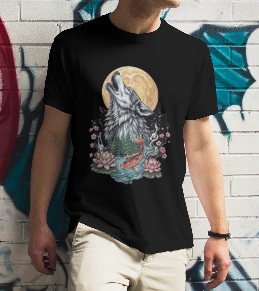 Howling Wolf Full Moon Koi Lotus Blossoms T-Shirt