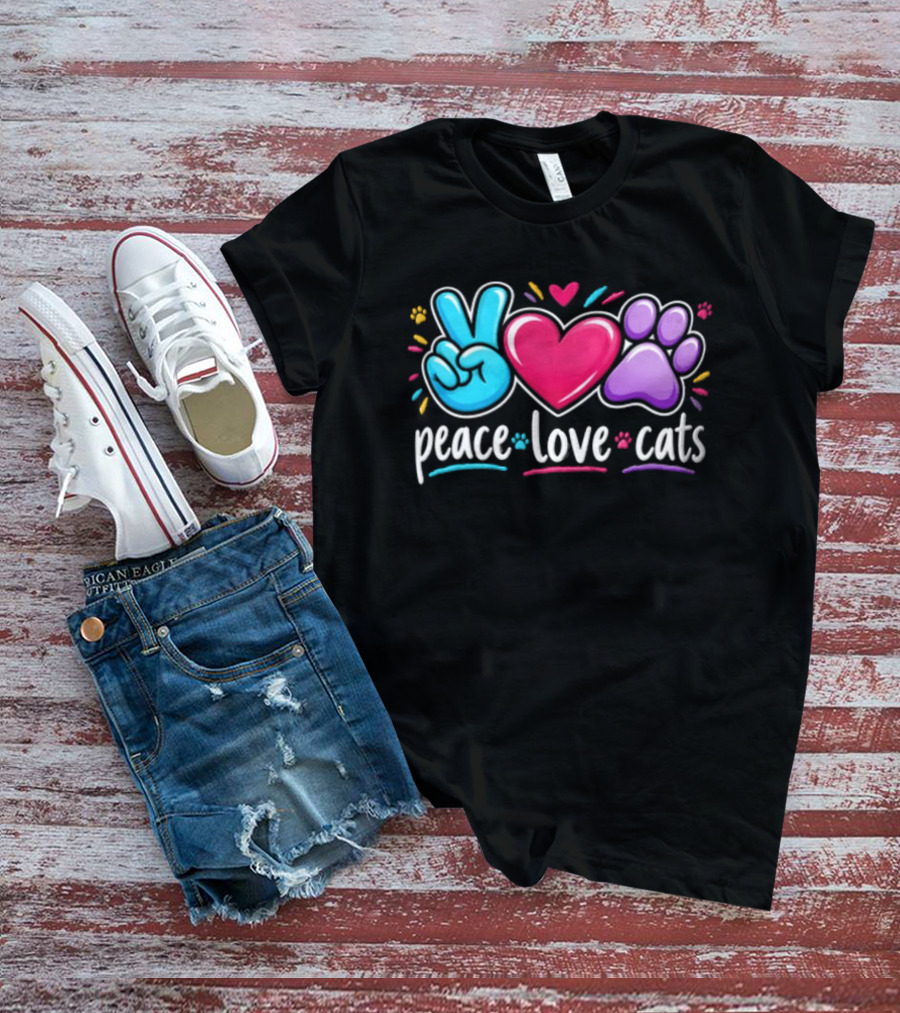 Peace Love Cats Sign Heart Paw Rainbow T-Shirt