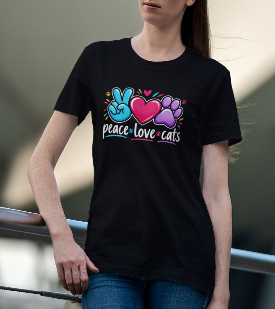 Peace Love Cats Sign Heart Paw Rainbow T-Shirt