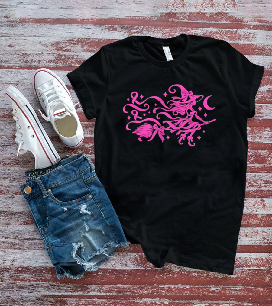 Pink Witch Riding Broom With Breast Cancer Awareness Ribbon T-Shirt