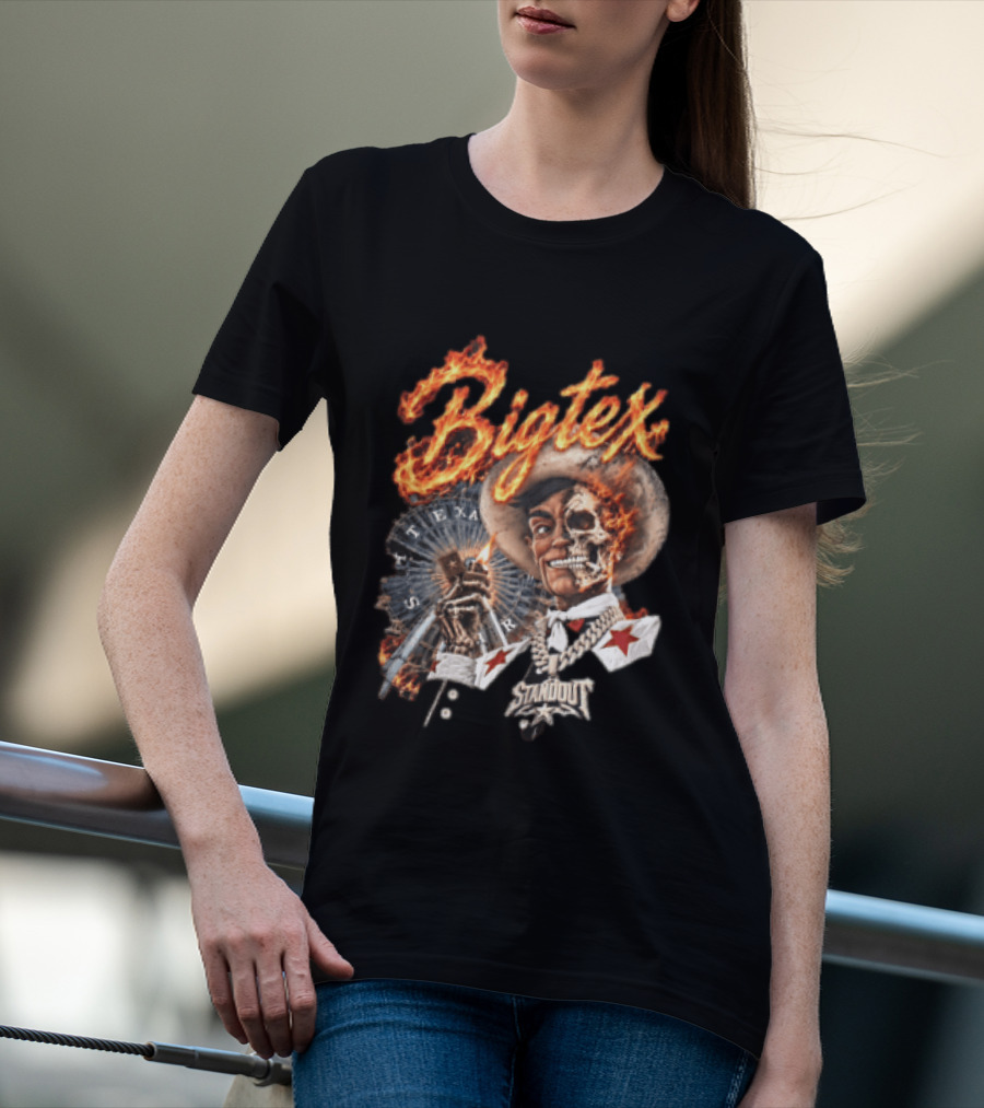 Big Tex Skeleton Cowboy Flaming Hat Texas Star Ferris Wheel T-Shirt