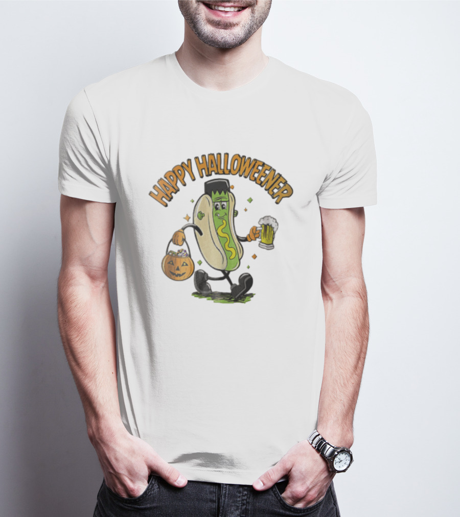 Happy Halloweener Frankenstein Hot Dog With Beer And Pumpkin Bucket T-Shirt