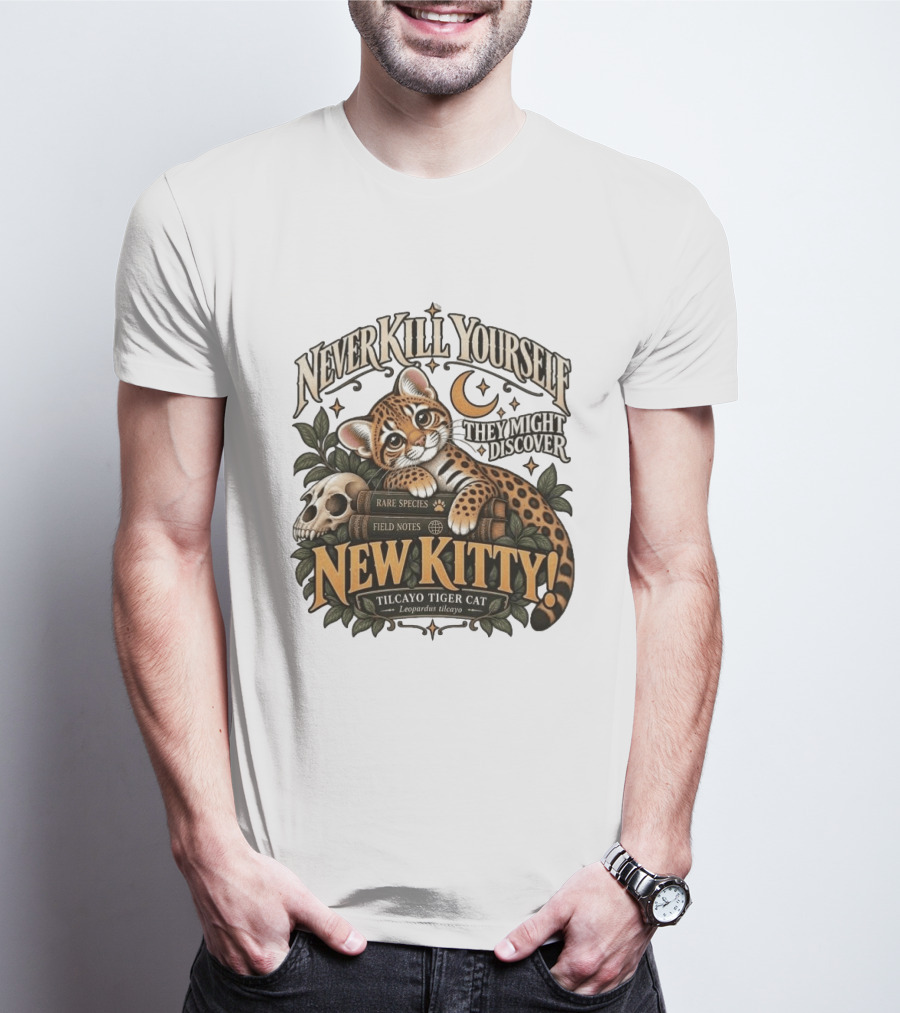 Never Kill Yourself They Might Discover New Kitty Tilcayo Tiger Cat Leopardsus Tilcayo Rare Species Field Notes T-Shirt