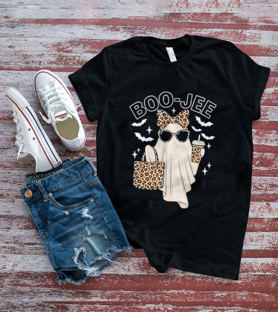 Boo Jee Stylish Ghost With Leopard Print Accessories And Bats T-Shirt