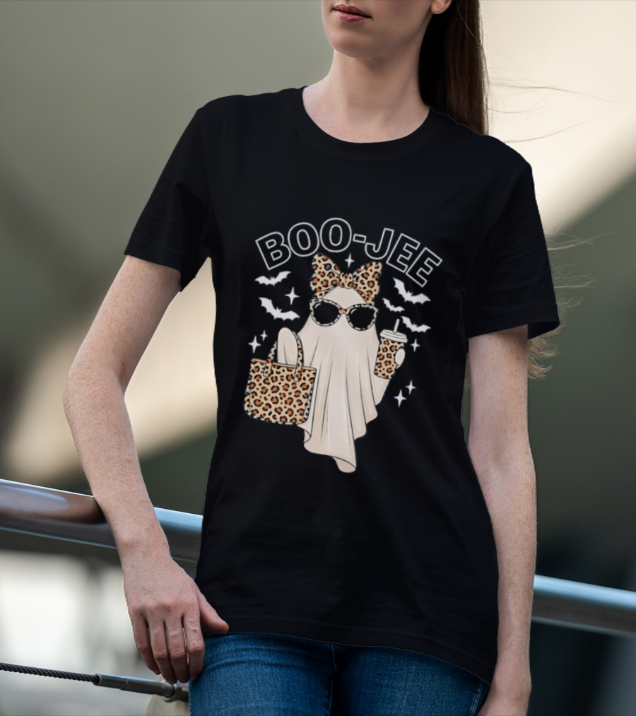 Boo Jee Stylish Ghost With Leopard Print Accessories And Bats T-Shirt