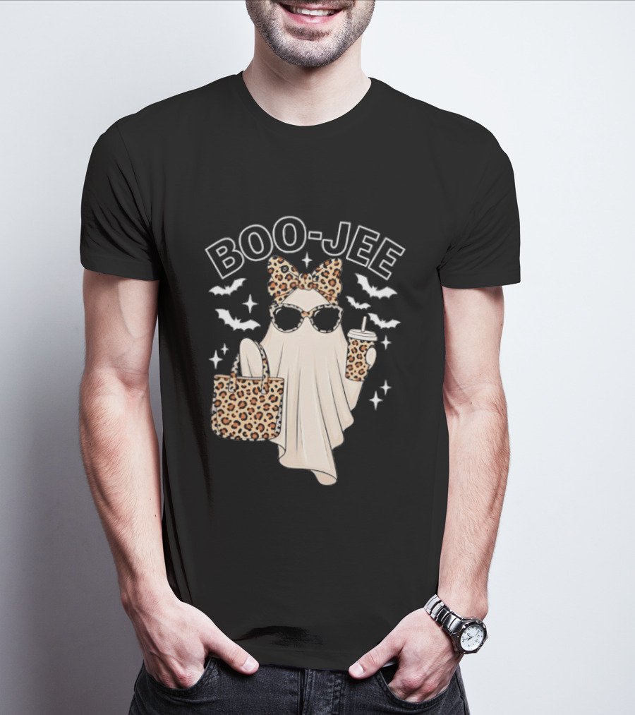Boo Jee Stylish Ghost With Leopard Print Accessories And Bats T-Shirt