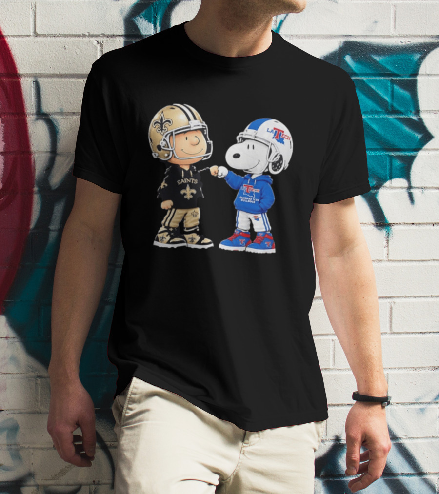 Charlie Brown Saints And Snoopy Louisiana Tech Bulldogs Team Helmet Fist Bump T-Shirt