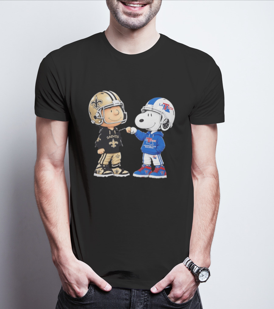 Charlie Brown Saints And Snoopy Louisiana Tech Bulldogs Team Helmet Fist Bump T-Shirt