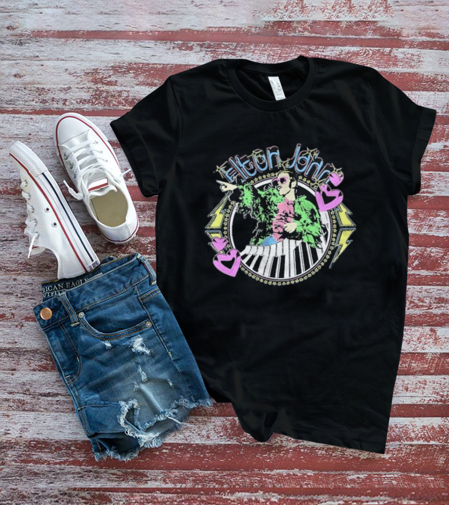 Elton John Distressed Colorful Piano And Hearts T-Shirt