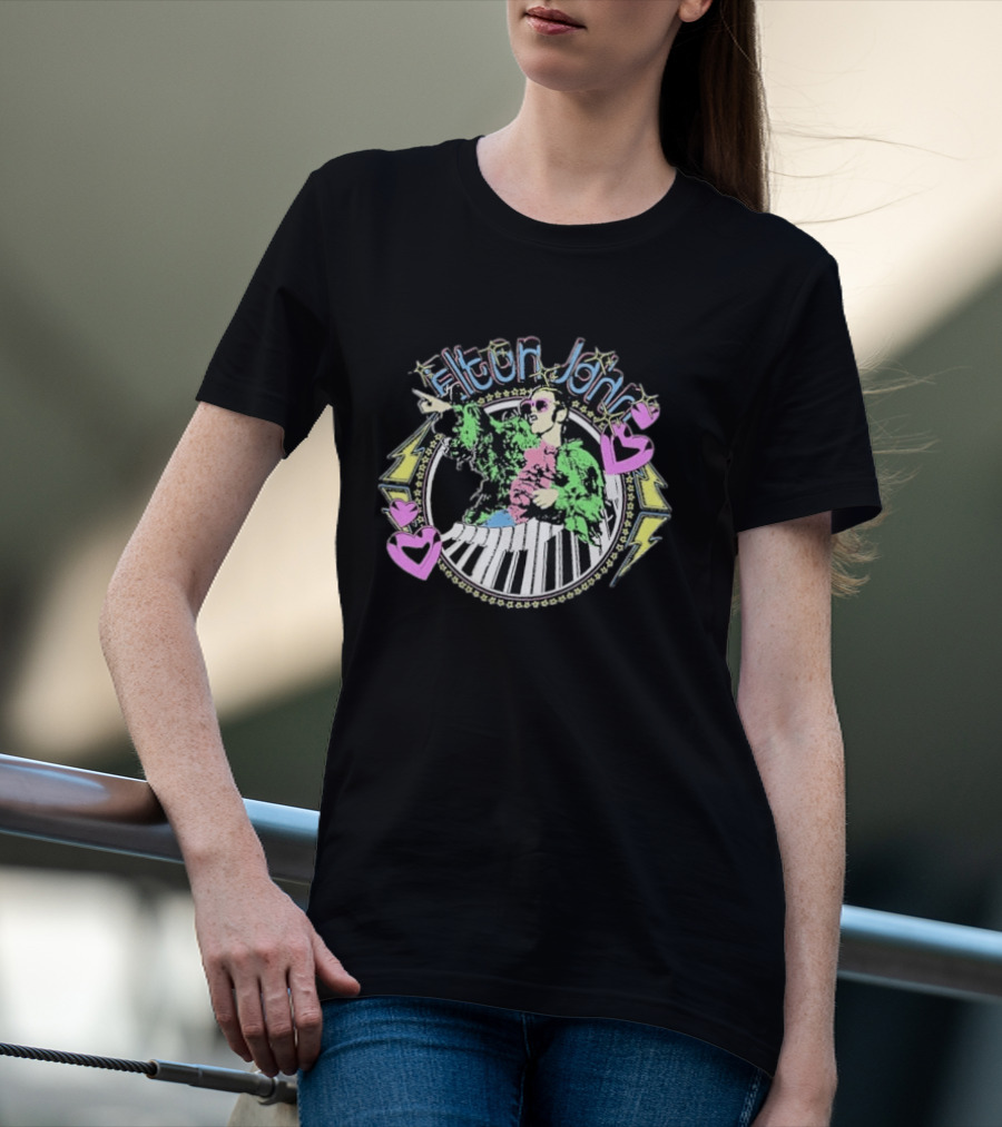 Elton John Distressed Colorful Piano And Hearts T-Shirt