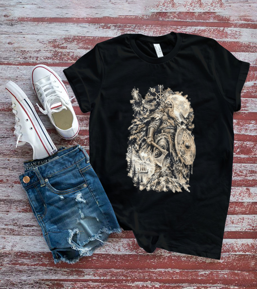 Norse God Viking Warrior Axe Valknut Symbol Raven Longship T-Shirt