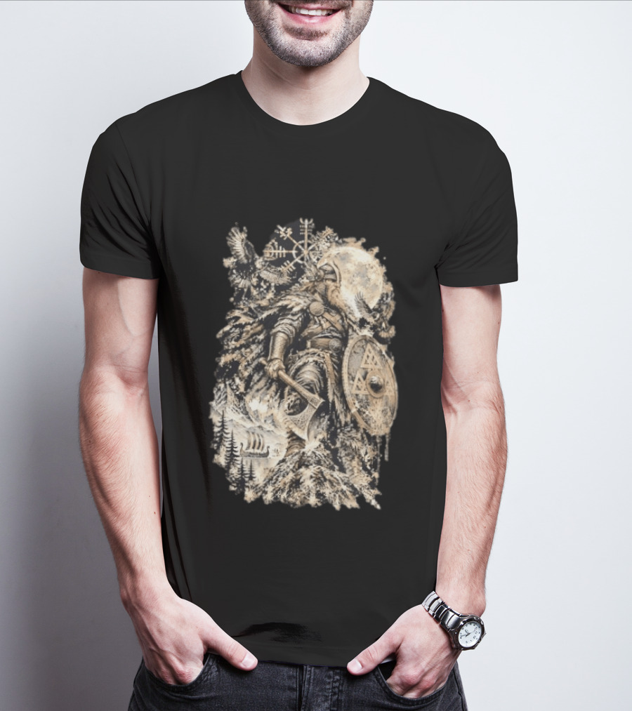 Norse God Viking Warrior Axe Valknut Symbol Raven Longship T-Shirt