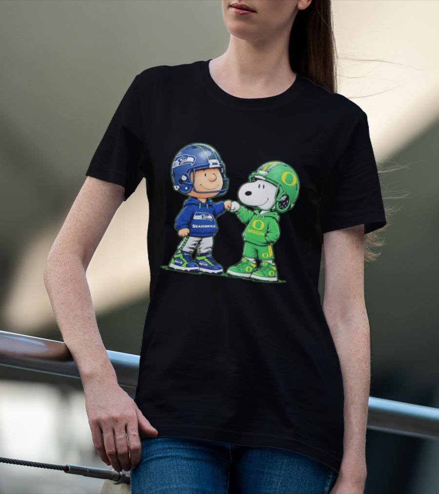 Peanuts Characters Seattle Seahawks Oregon Ducks Fist Bump Friendship Gear T-Shirt