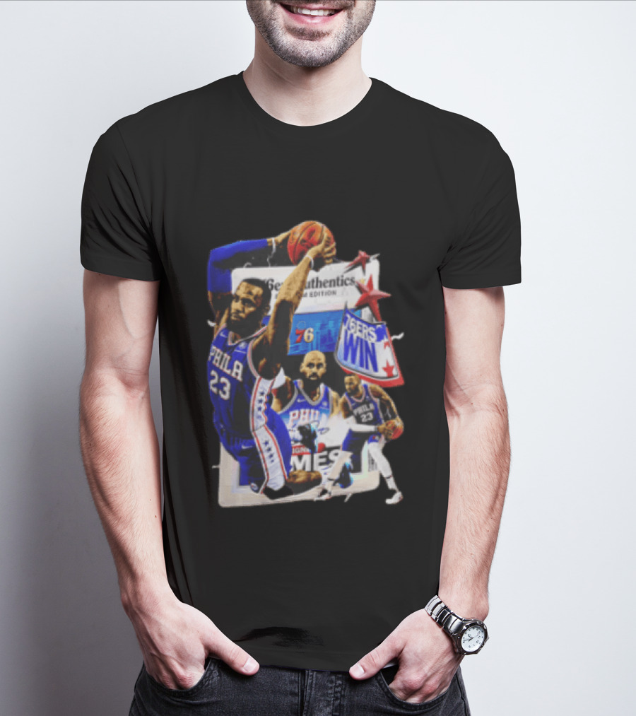 Philadelphia 76ers Lebron James Dunking Collage 76ers Win Edition T-Shirt