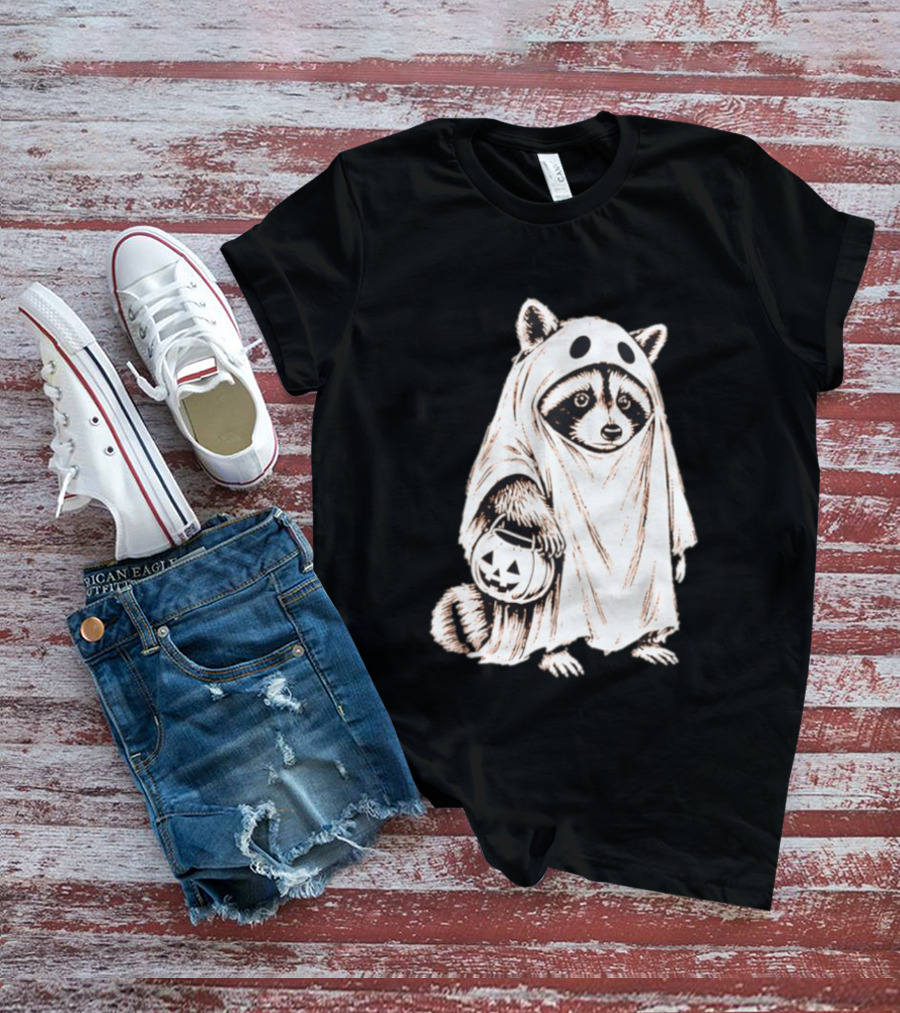 Raccoon Ghost Holding Pumpkin Bucket Halloween 2026 T-Shirt