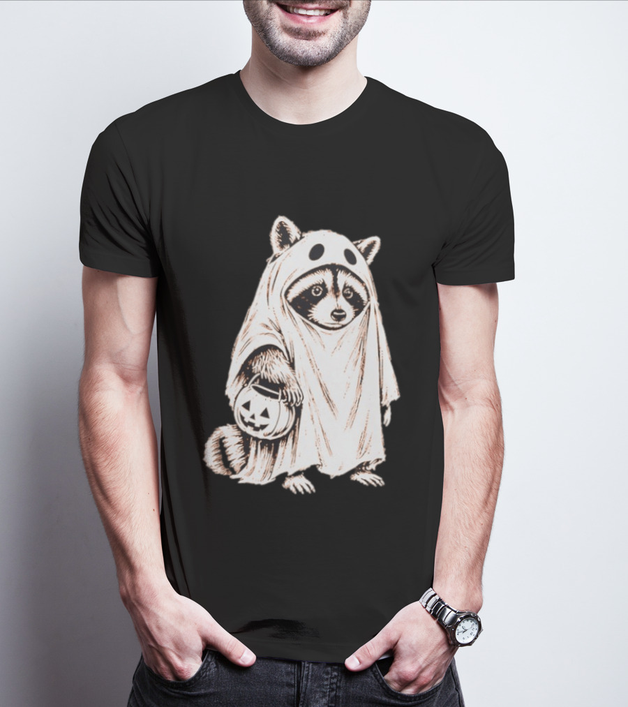 Raccoon Ghost Holding Pumpkin Bucket Halloween 2026 T-Shirt