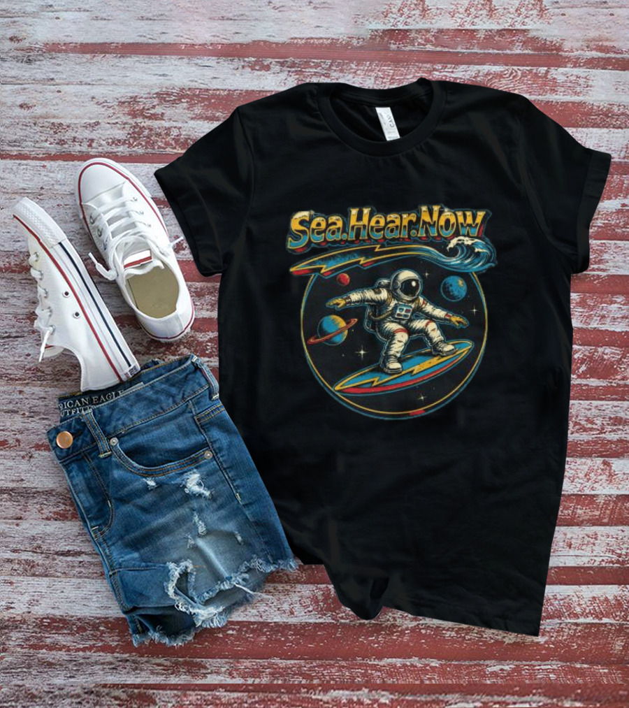 Sea Hear Now Astronaut Surfing Planets Lineup T-Shirt
