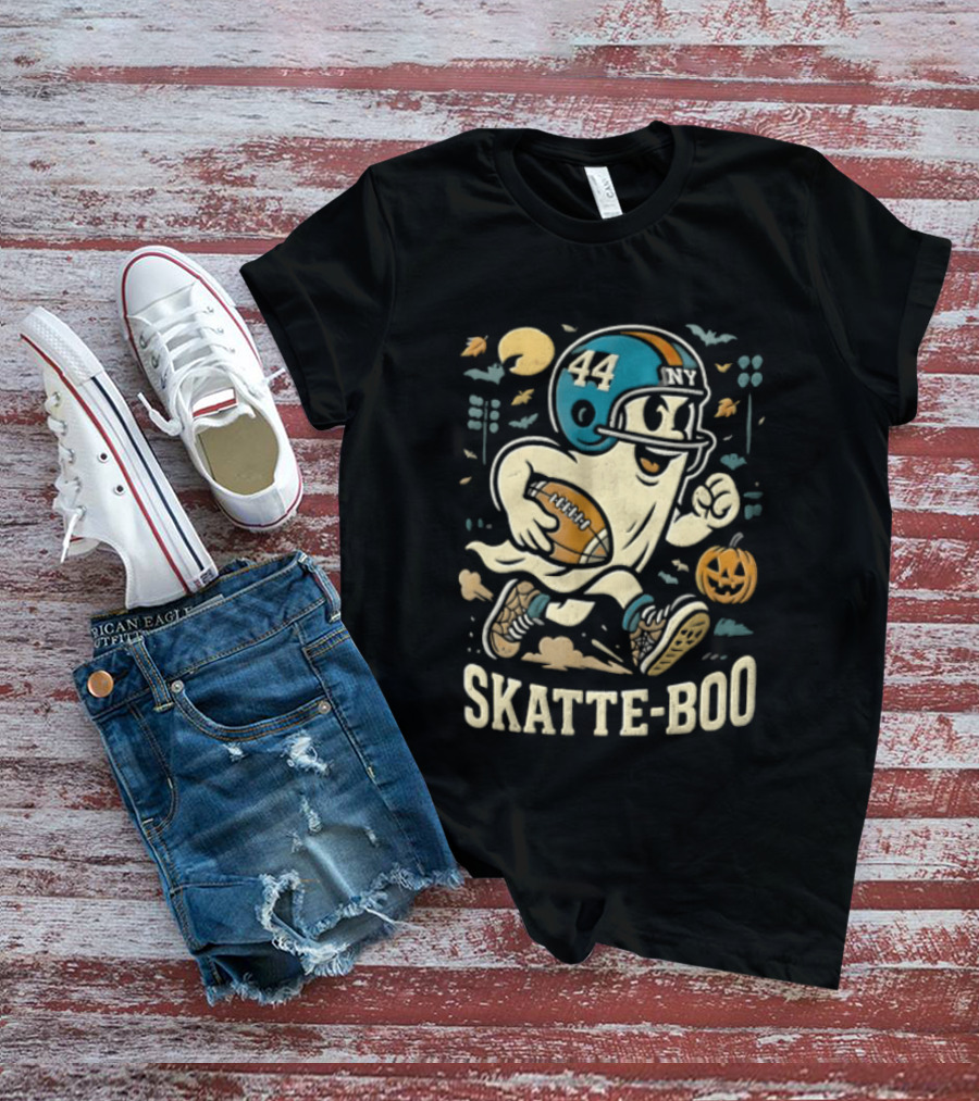 SKATTE BOO Football Helmet 44 Halloween Ghost Pumpkin T-Shirt