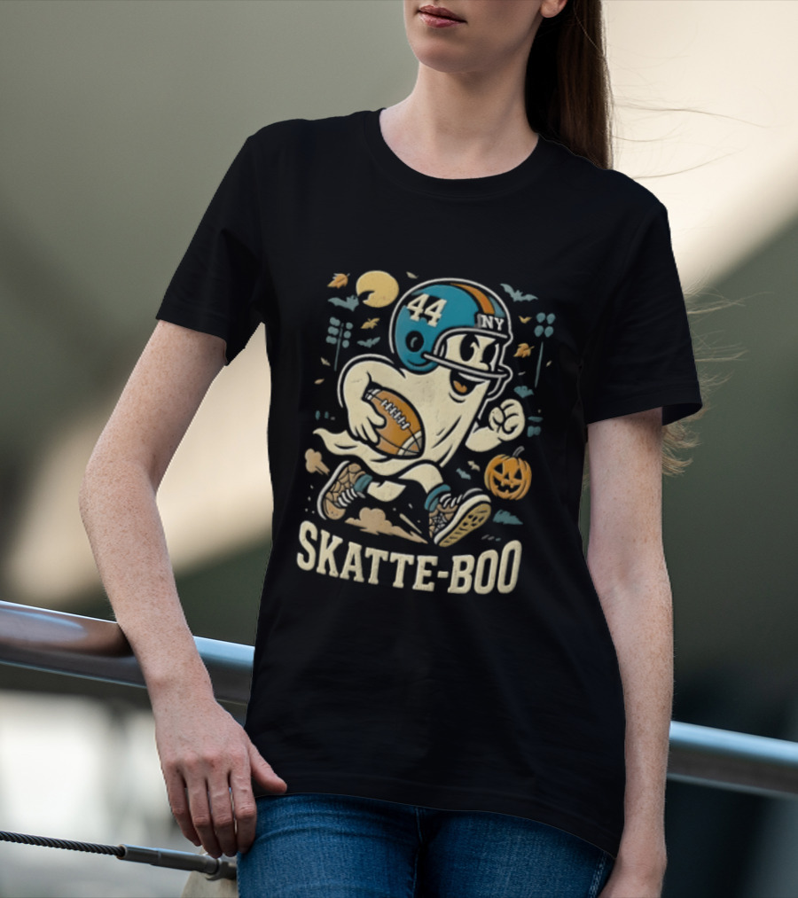 SKATTE BOO Football Helmet 44 Halloween Ghost Pumpkin T-Shirt