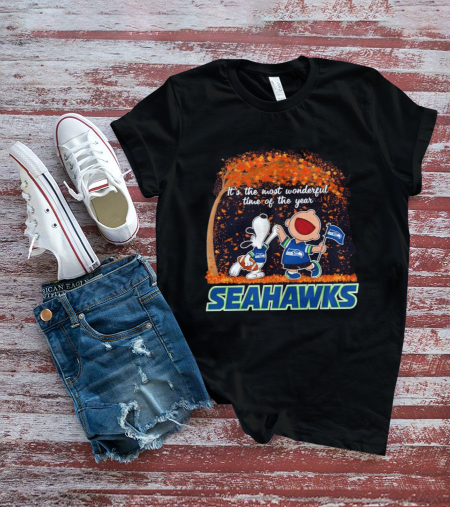 Snoopy And Charlie Brown Dancing Seattle Seahawks The Most Wonderful Time Of The Year T-Shirt