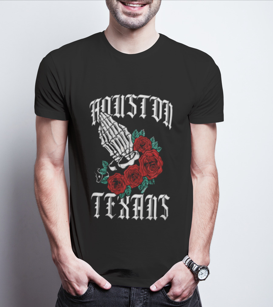 Houston Texans Praying Hands Red Roses Dia De Los Muertos T-Shirt