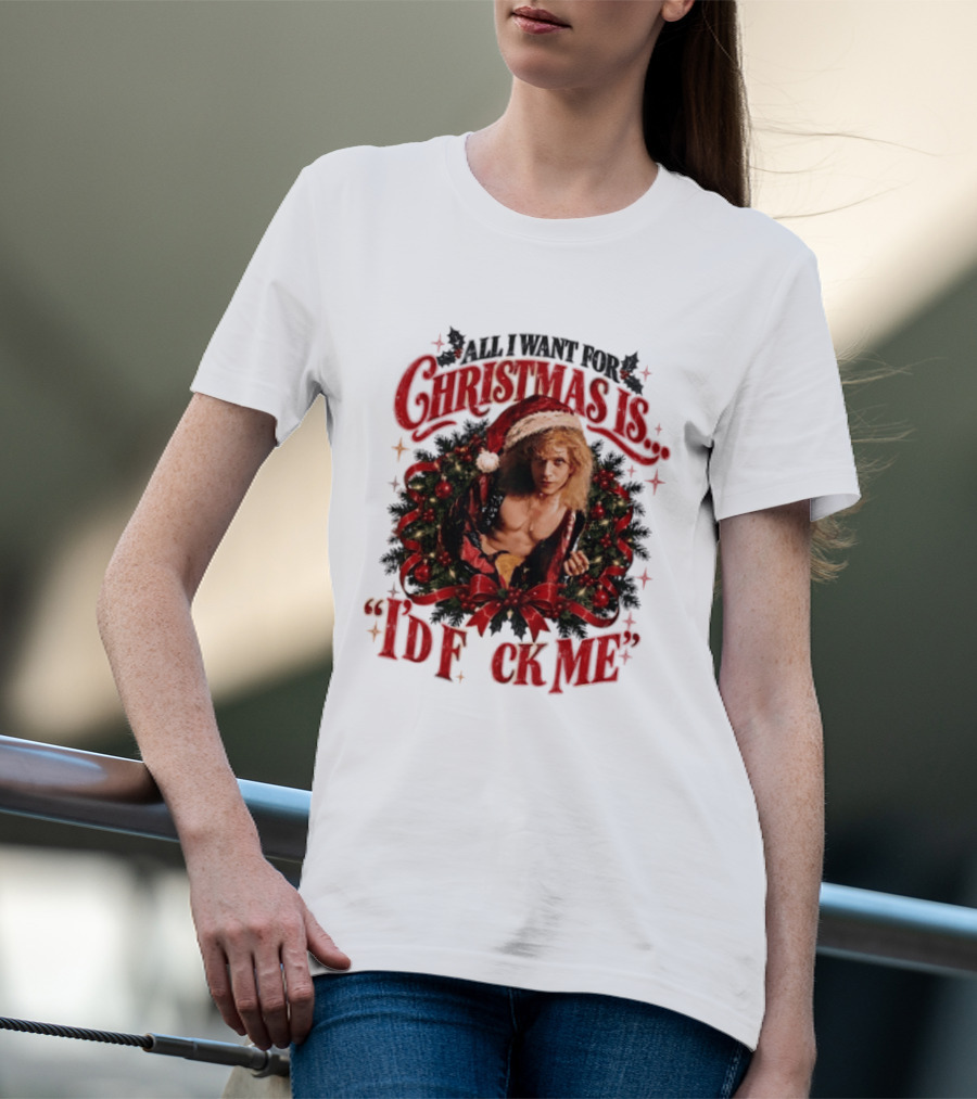 All I Want For Christmas Is I'd Fck Me Santa Hat Wreath Bow T-Shirt