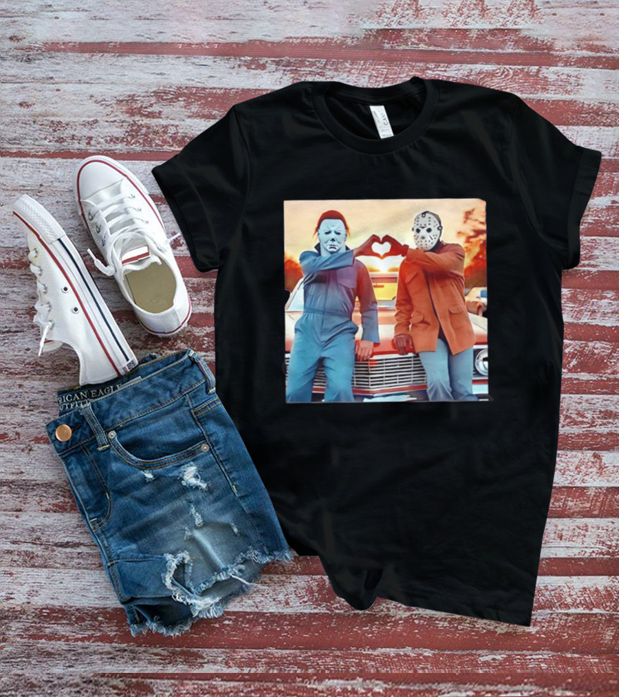 Jason Voorhees Michael Myers Heart Sign Halloween Retro Car Sunset T-Shirt