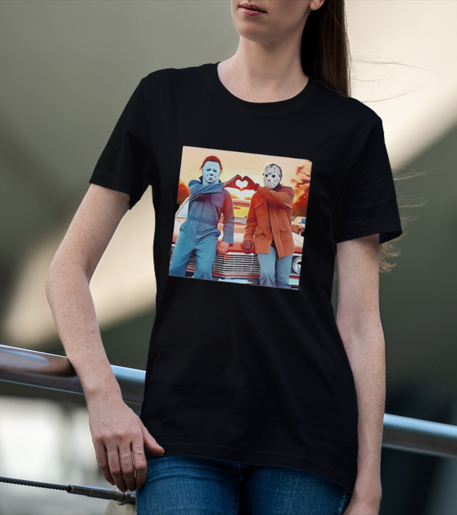 Jason Voorhees Michael Myers Heart Sign Halloween Retro Car Sunset T-Shirt