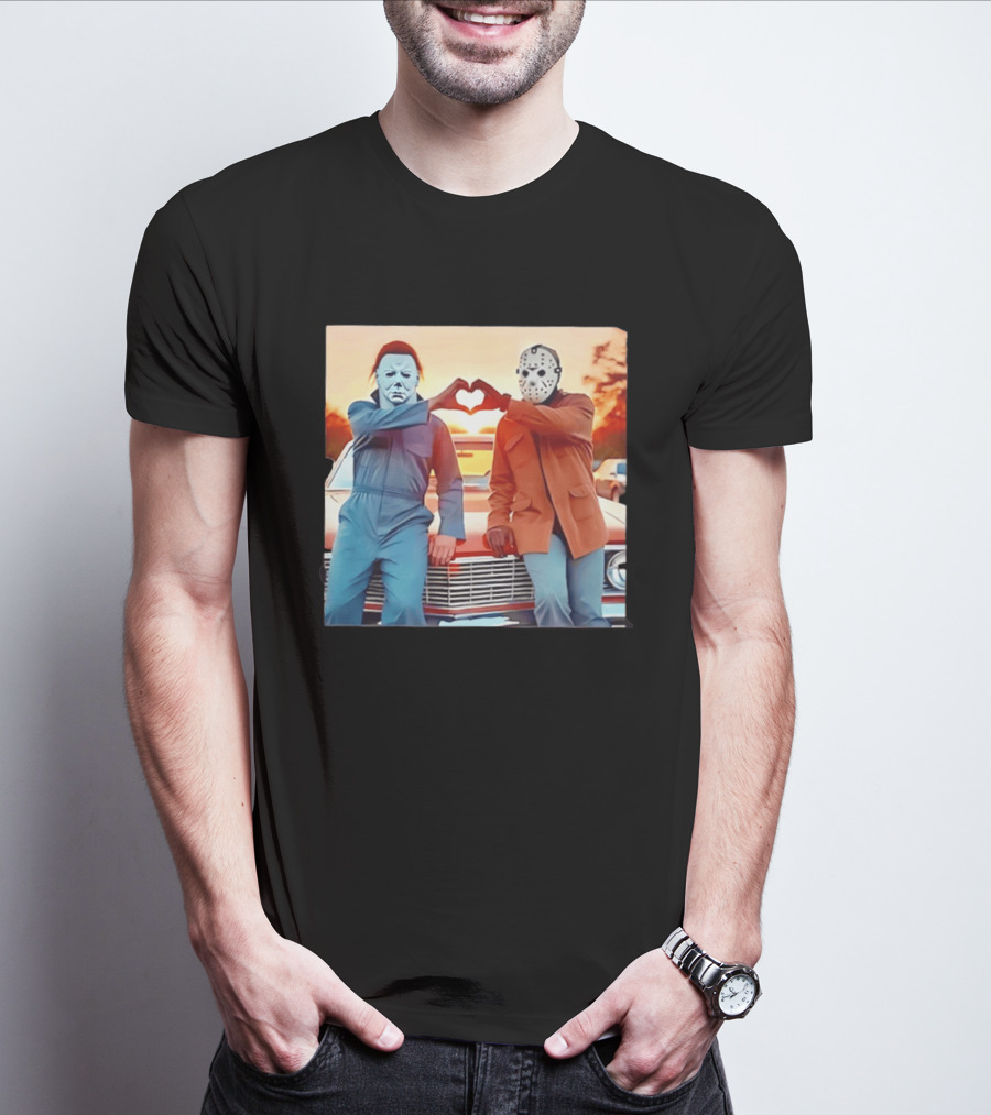 Jason Voorhees Michael Myers Heart Sign Halloween Retro Car Sunset T-Shirt