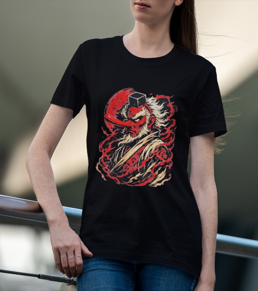Tengu Japanese Warrior Spirit Mask Mythical Yokai Flame Aura T-Shirt