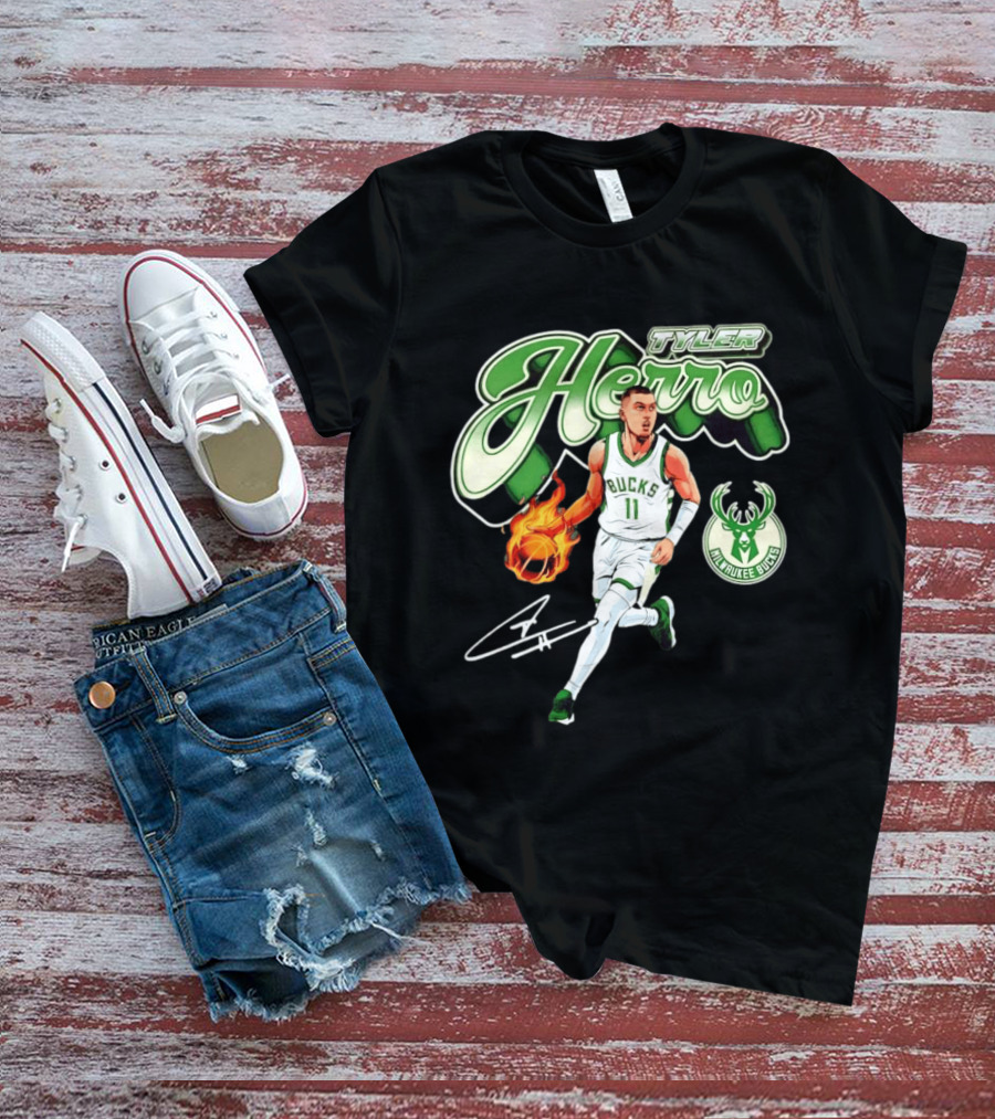 Tyler Herro Milwaukee Bucks Basketball Fireball Cursive Script T-Shirt